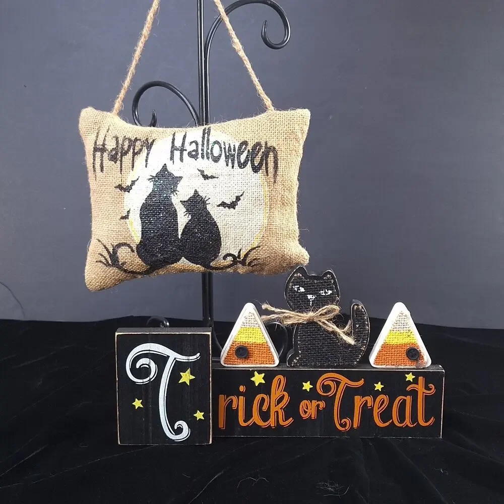 2-Piece Rustic Halloween Decor Black Cats Candy Corn Burlap Wood Sign Cute